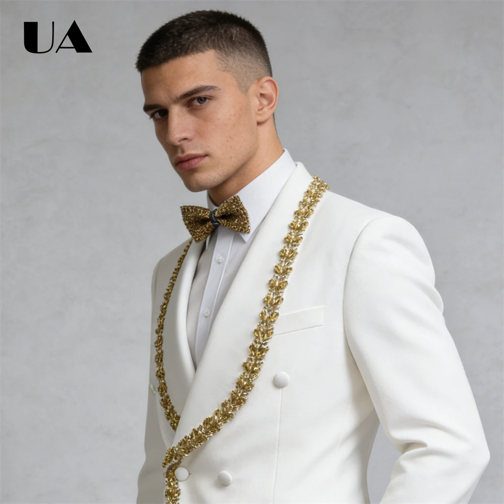 Fashionable 2-Piece Suit Set for Men, Wedding Suit for Groom and Bestman, Gold Beadings Suit Attire XS-3XL Jackdet Pants Set