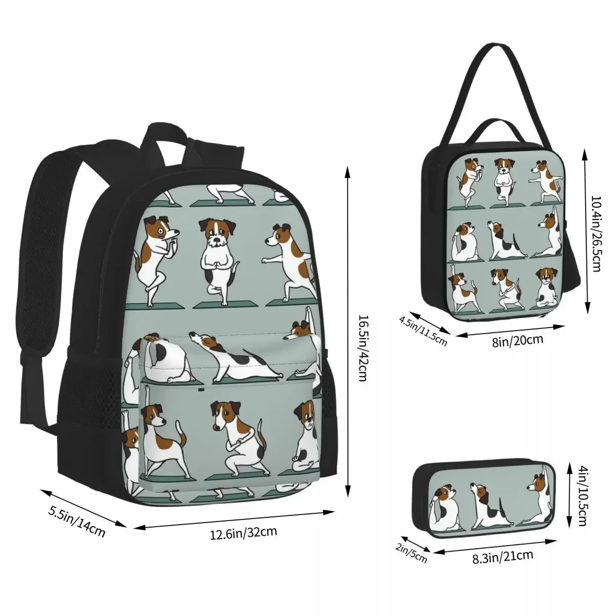 Jack Russell Terrier Yoga Backpack Boy Girl Bookbag Children School Bags Cartoon Kids Rucksack Lunch Bag Pen Bag Three-Piece Set