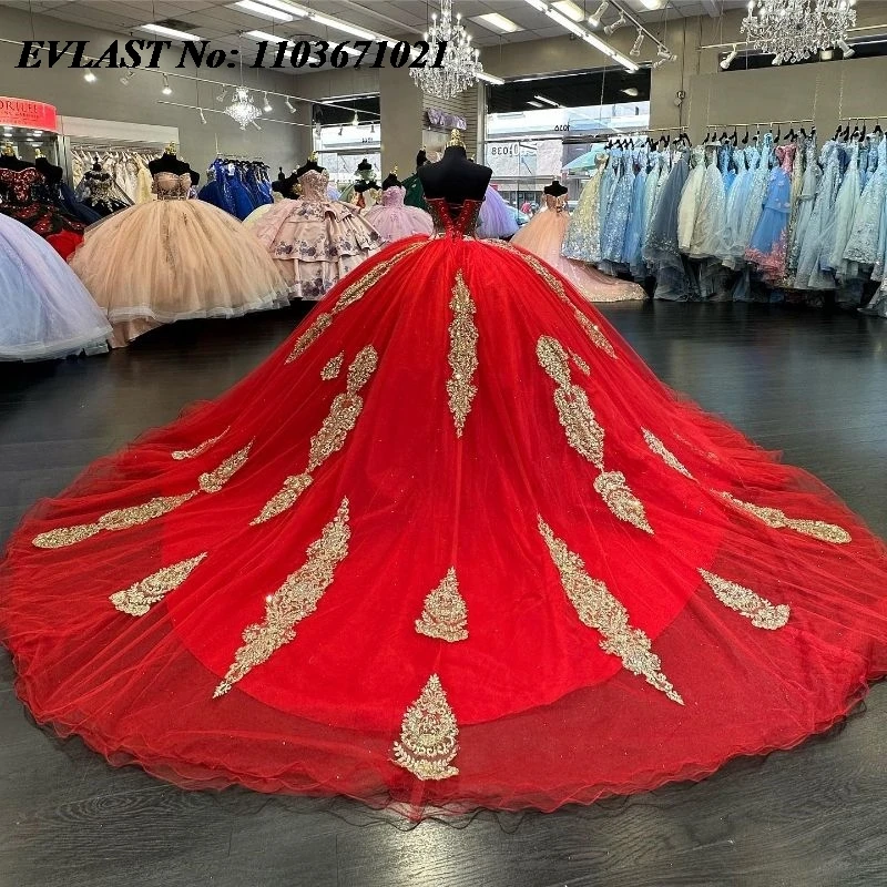 EVLAST Mexican Red Quinceanera Dress Ball Gown Gold Lace Applique Beading Crystal With Cape Sweet 16 Vestidos De XV 15 Anos SQ22