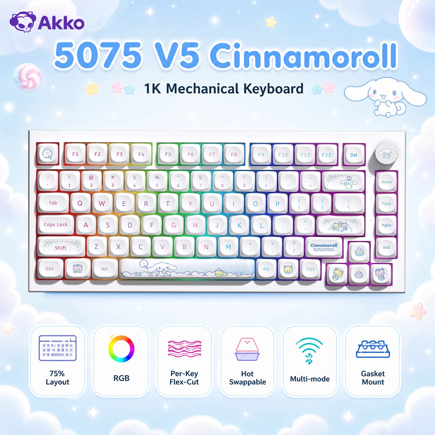 Akko 5075 V5 Mechanical Keyboard Cinnamoroll 82-Key 75% ANSI-US Per-Key Flex-Cut Hot Swappable 1K Polling Rate Wireless Keyboard