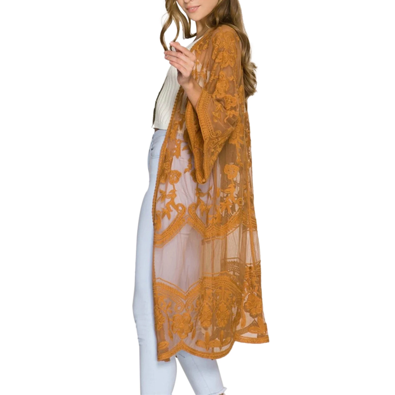 Cárdigan informal de moda para mujer, ropa de playa, Color sólido, manga 3/4, transparente, bordado de flores