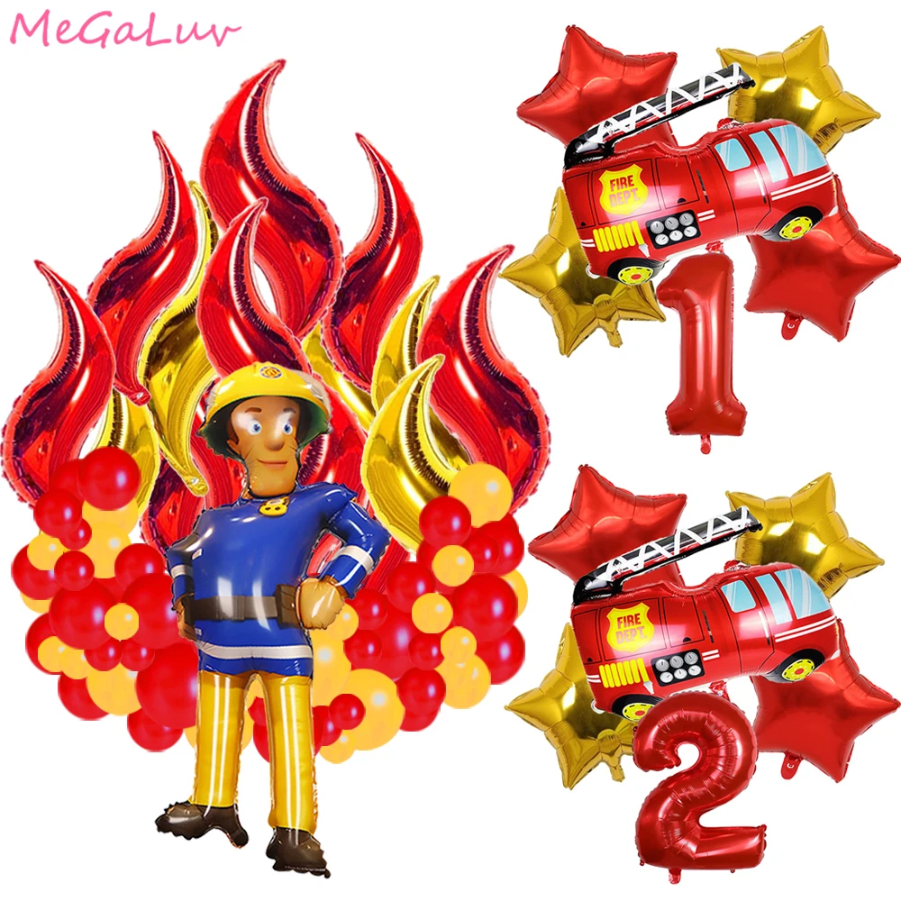 Fireman Sam Balloons Firefighter Theme Kids 1 2 3 4 5 6 7 8 9 Years Birthday Party Decors Baby Shower Fire Truck Party Supplies