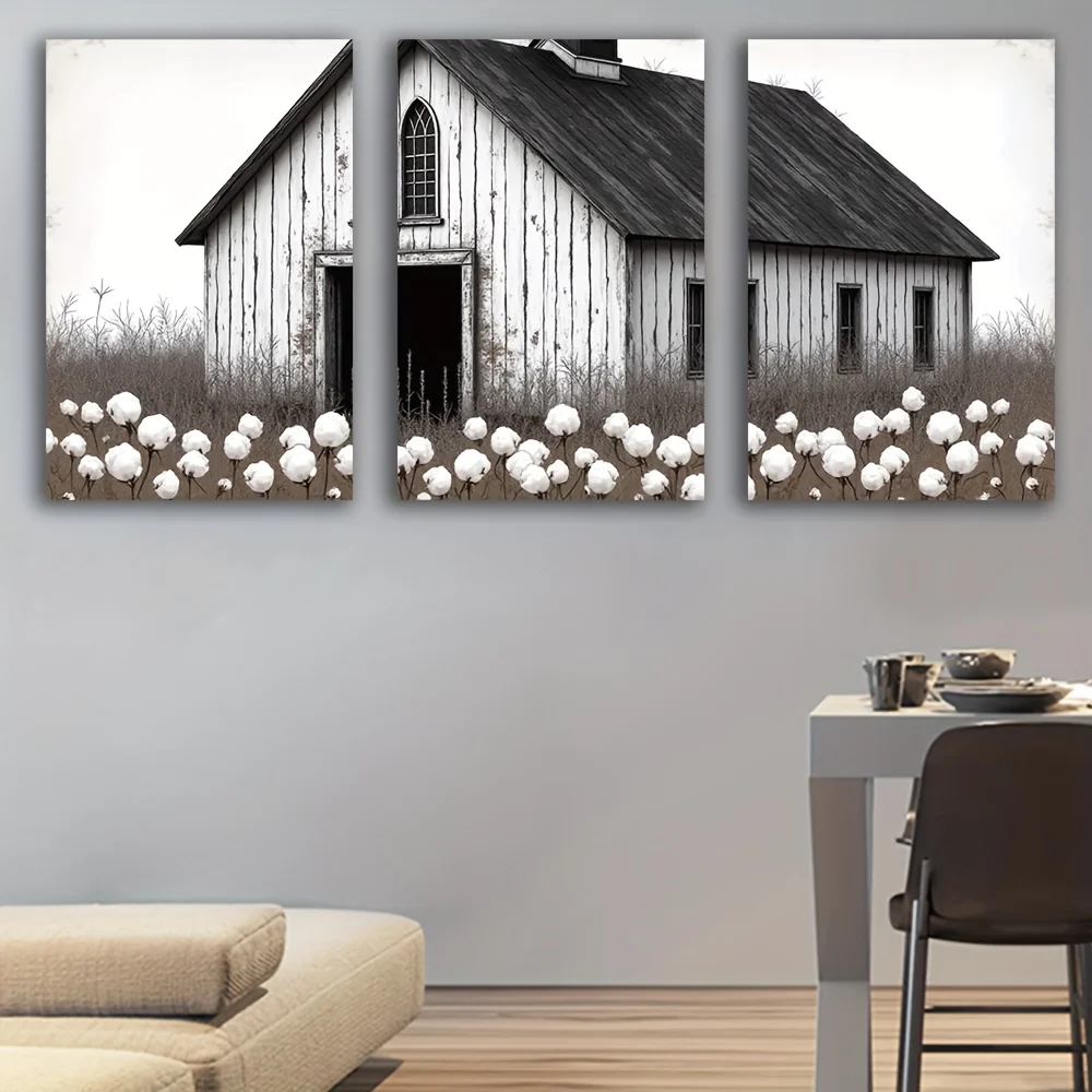 3pcs Frameless Canvas Wall Art - White Church with Cross & Fields Spray-Painted Vertical Rustic Farmhouse Decor for Living Ro
