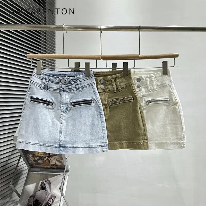 

Mini Denim Skirt for Women 2023 Summer New Exposed Zipper Retro High Waist Slimming Hot Girl Miniskirt Sheath Culottes