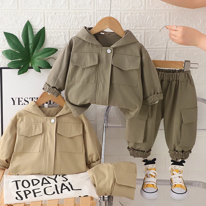 

MILANCEL New Autumn Children Clothes Set 1-5T Solid Color Girls Windbreaker +Casual Pants Printing Flower Kids Clothes 2PCS