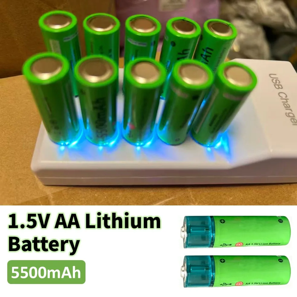 USB Charge AA Battery 5500mAh Rechargeable Lithium AA Battery Low Self-discharge 1200+ Cycle for Toys Clocks Game Controllers