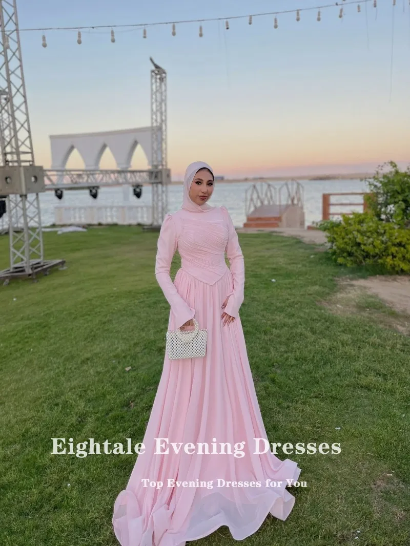 Eightale アラビア語イブニングドレス O ネックカスタマイズされた A ラインライトピンクシフォンイスラム教徒長袖プロムウェディングパーティードレス