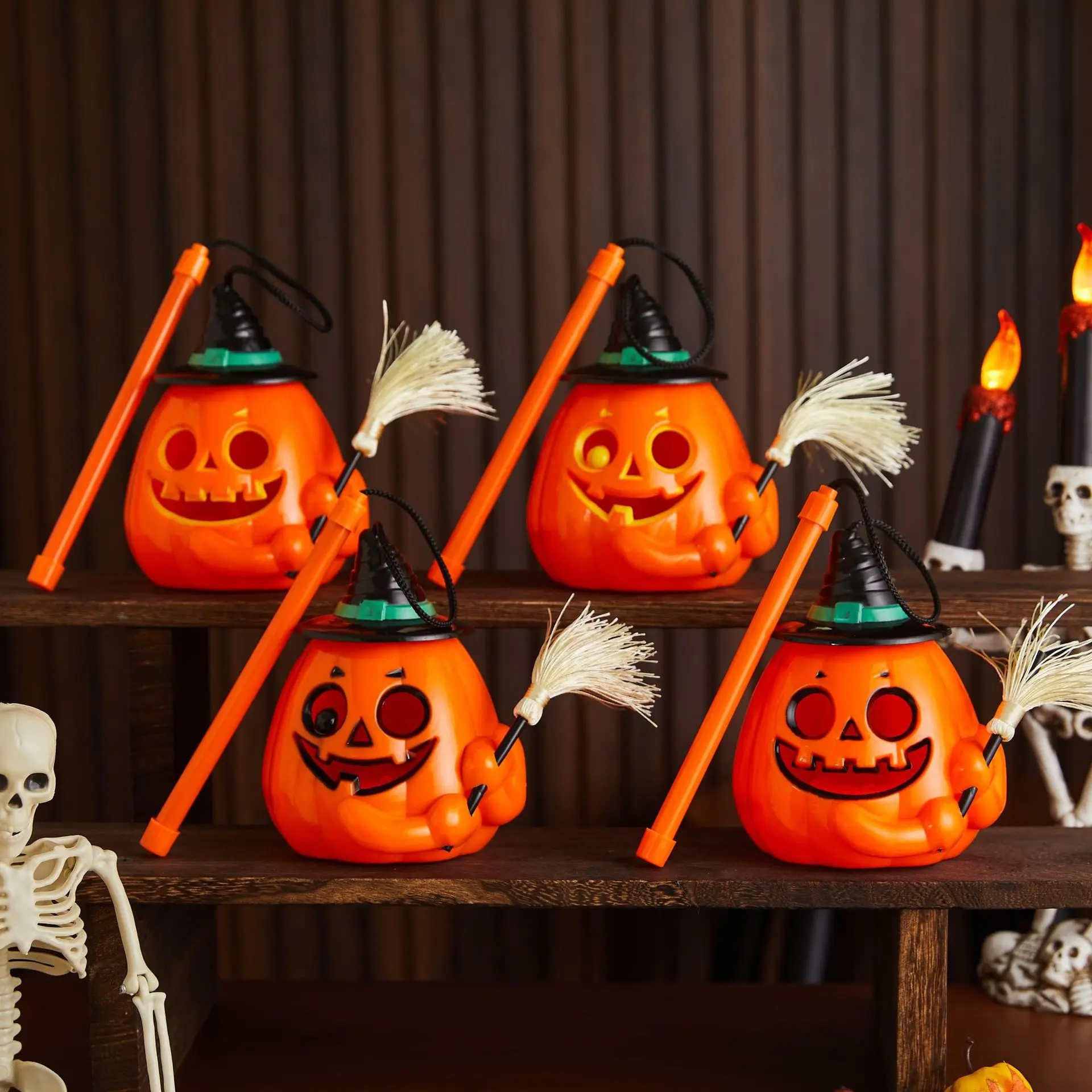 Halloween Handheld Pumpkin Lantern with Witch Hat & Broom, Kids Trick or Treat Light Toy for Halloween Party Decoration