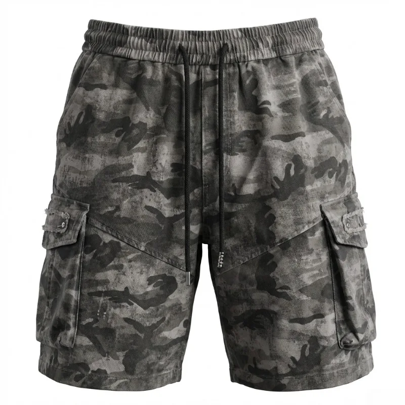 

High-Street Men's Summer 100% Cotton Vintage Camouflage Washed Workwear Shorts Casual Street Style Military Green Khaki