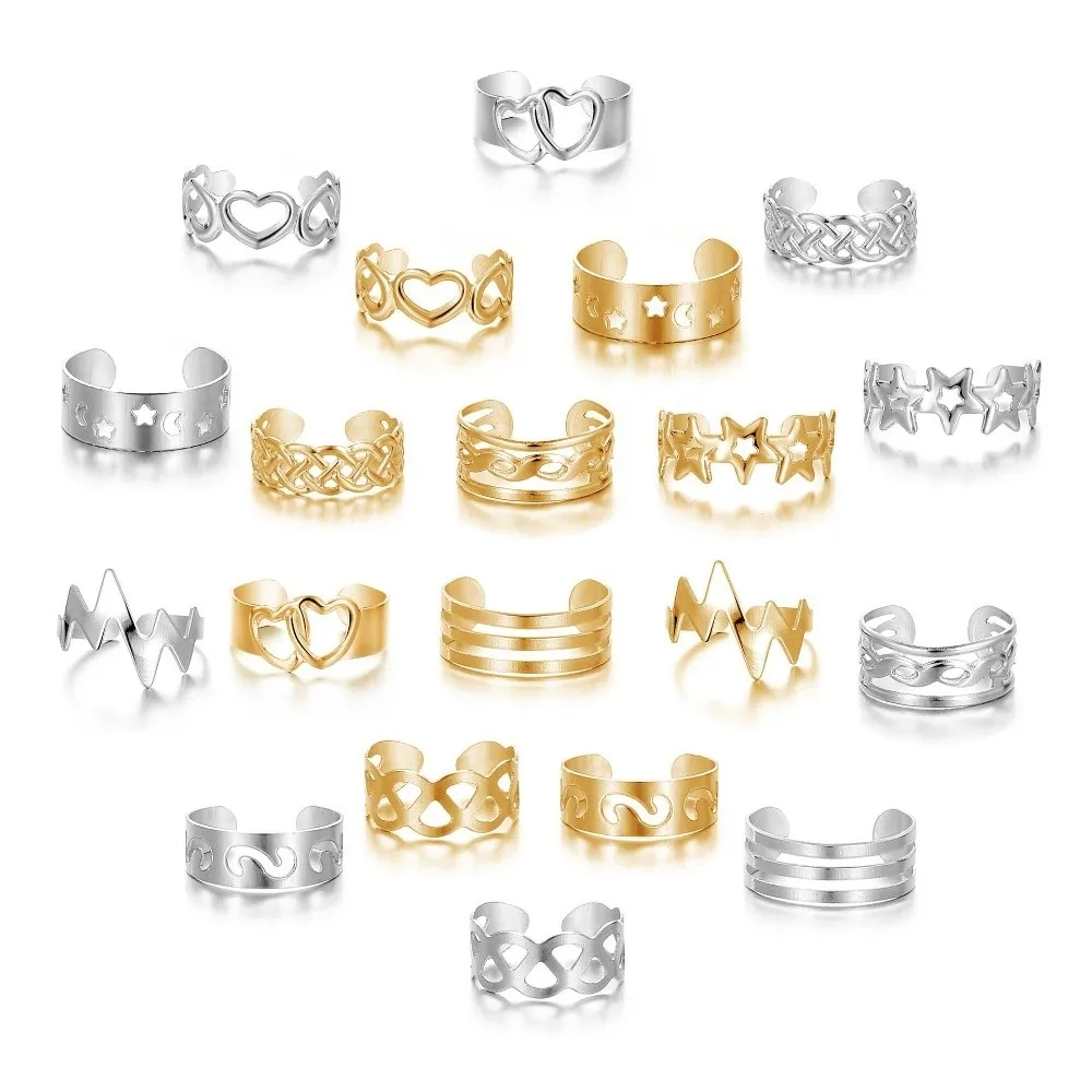 10Pcs Vintage Toe Rings Set Alloy Adjustable Women Foot Rings Silver/Gold Different Shapes Summer Beach Jewelry