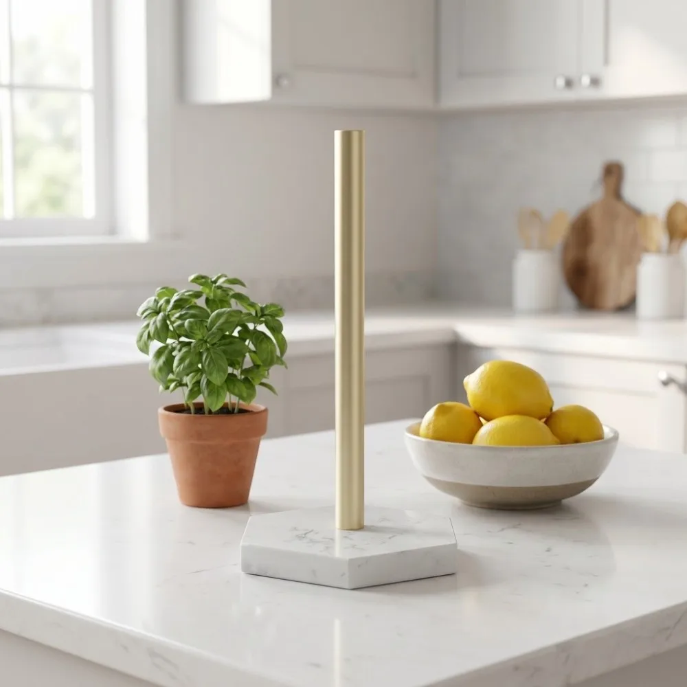 

Resin Stainless Steel Paper Towel Holder Gold Simulation Marble Paper Towel Rack Standing Dispenser with Weighted Base