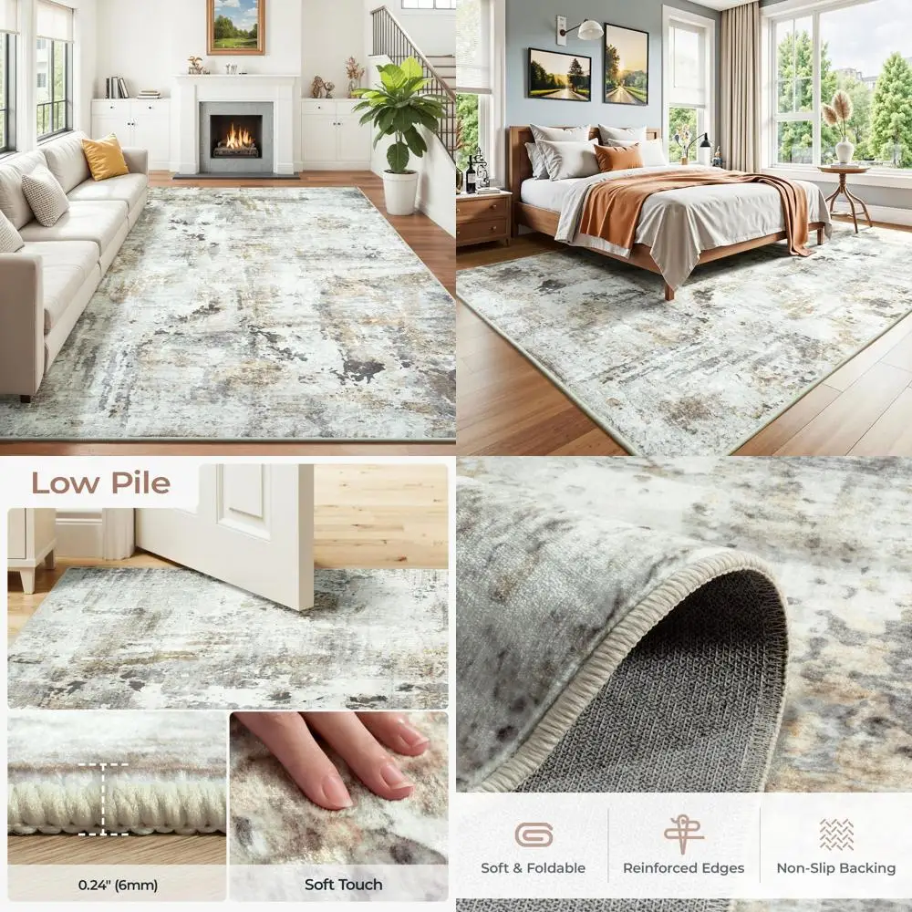 

Large 8x10 Abstract Neutral Rug, Soft Washable Non-Slip Carpet for Living Room, Bedroom, Dining Area, Brown/Grey