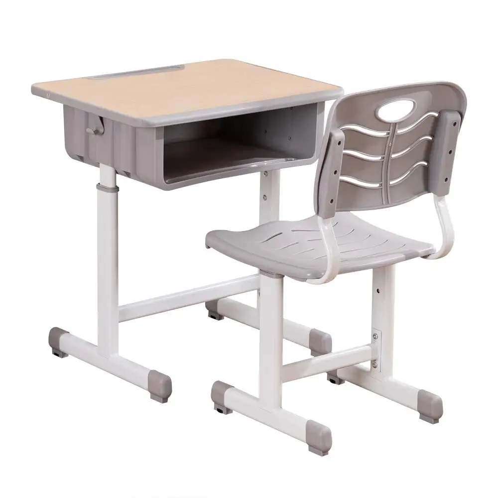 Height Adjustable Kids Desk & Chair Set with Drawer, Pencil Grooves & Hooks for Home School, Light Grey, Customized