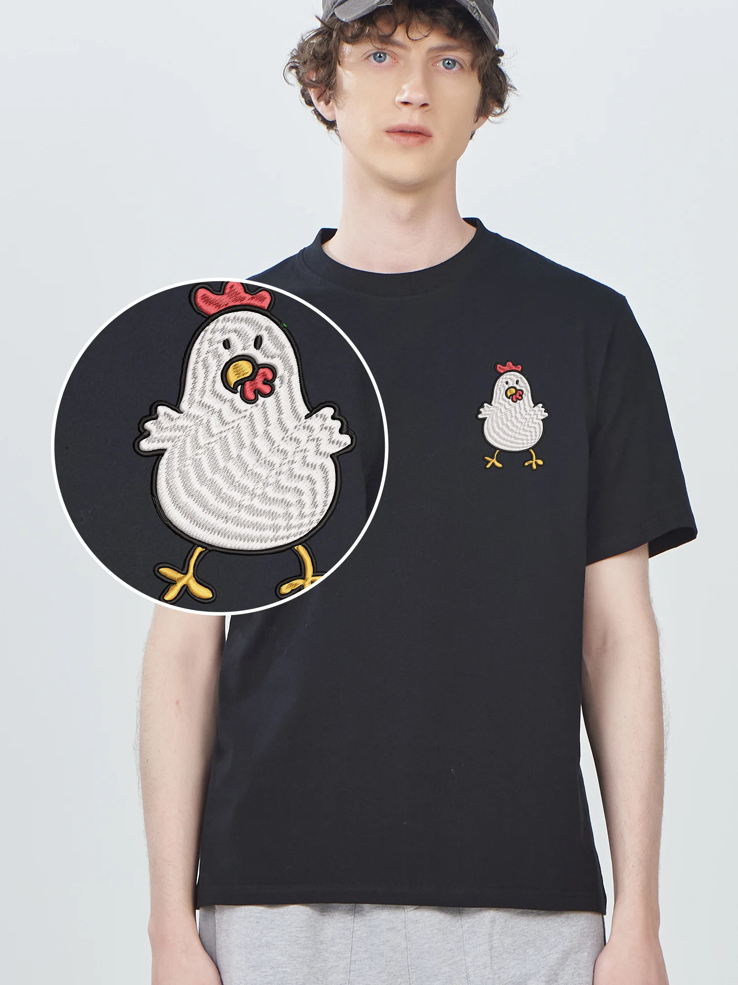 

Funny Hen Embroidered Short Sleeve Cotton Camiseta Masculina Trendy Fashionable Design Tops Unisex TShirt