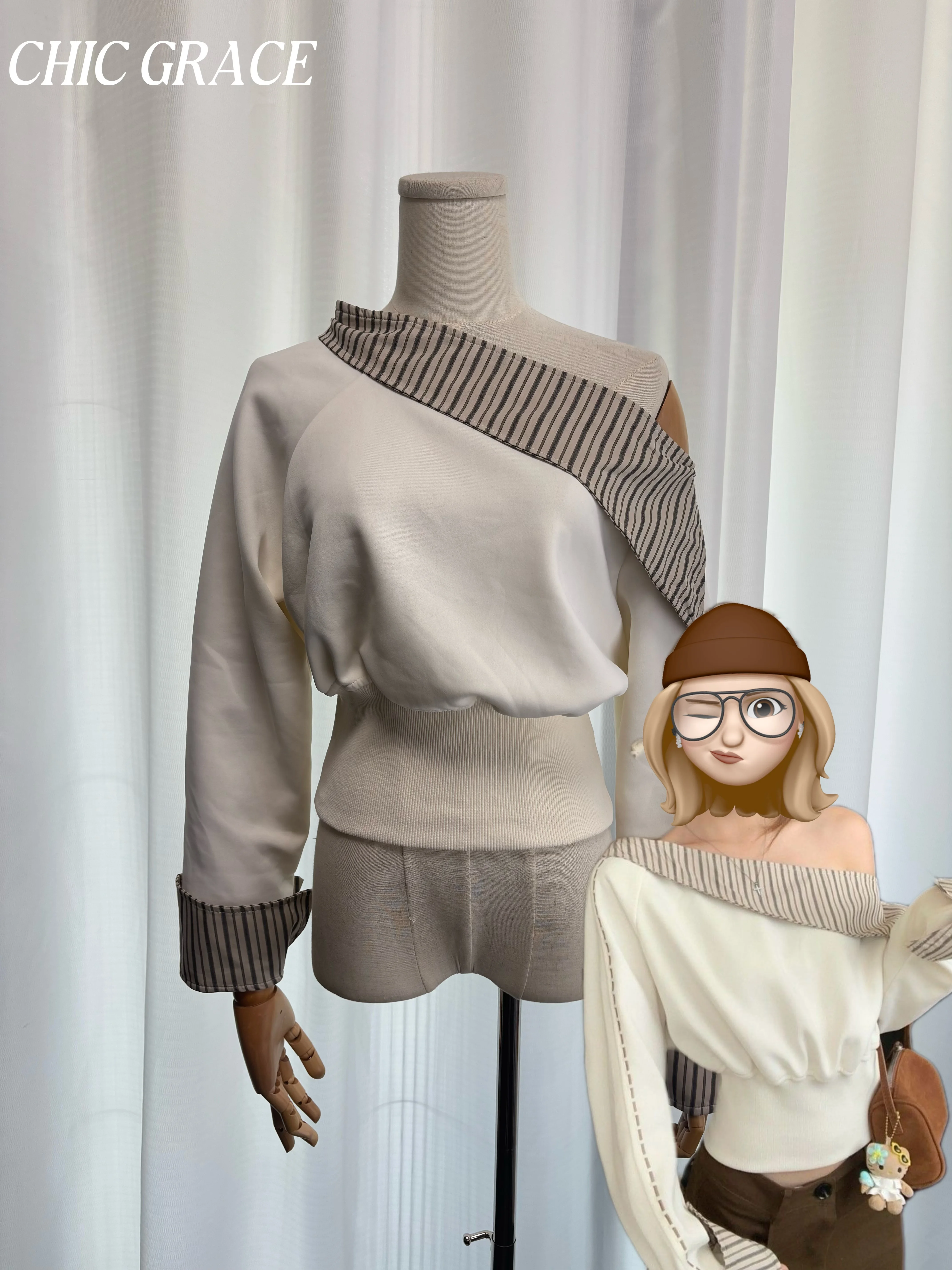 لقطة حقيقية الخريف مصمم كتلة اللون شريط تقسم غير المتماثلة الكتف طويلة الأكمام البلوز المرأة سليم صالح تنوعا Casua