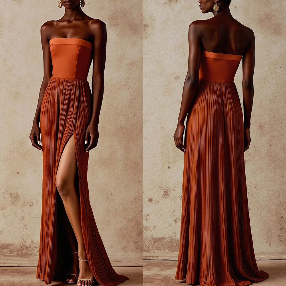 High Quality Customized Strapless Orange Backless Floor Length Sleeveless Vestidos Elegantes Para Mujer Robes De Soirée שמלות