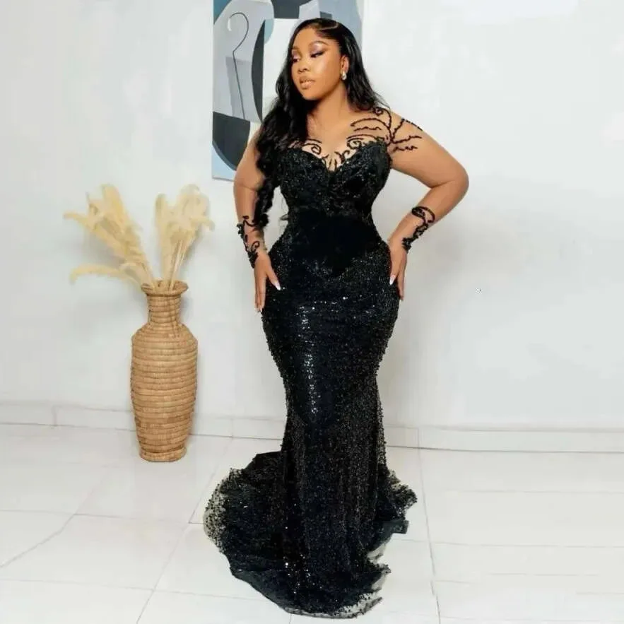 Black Mermaid Prom Dresses Sequined Full Sleeves Beaded Evening Gowns Plus Size Customized Trumpet Formal Dress Illusion