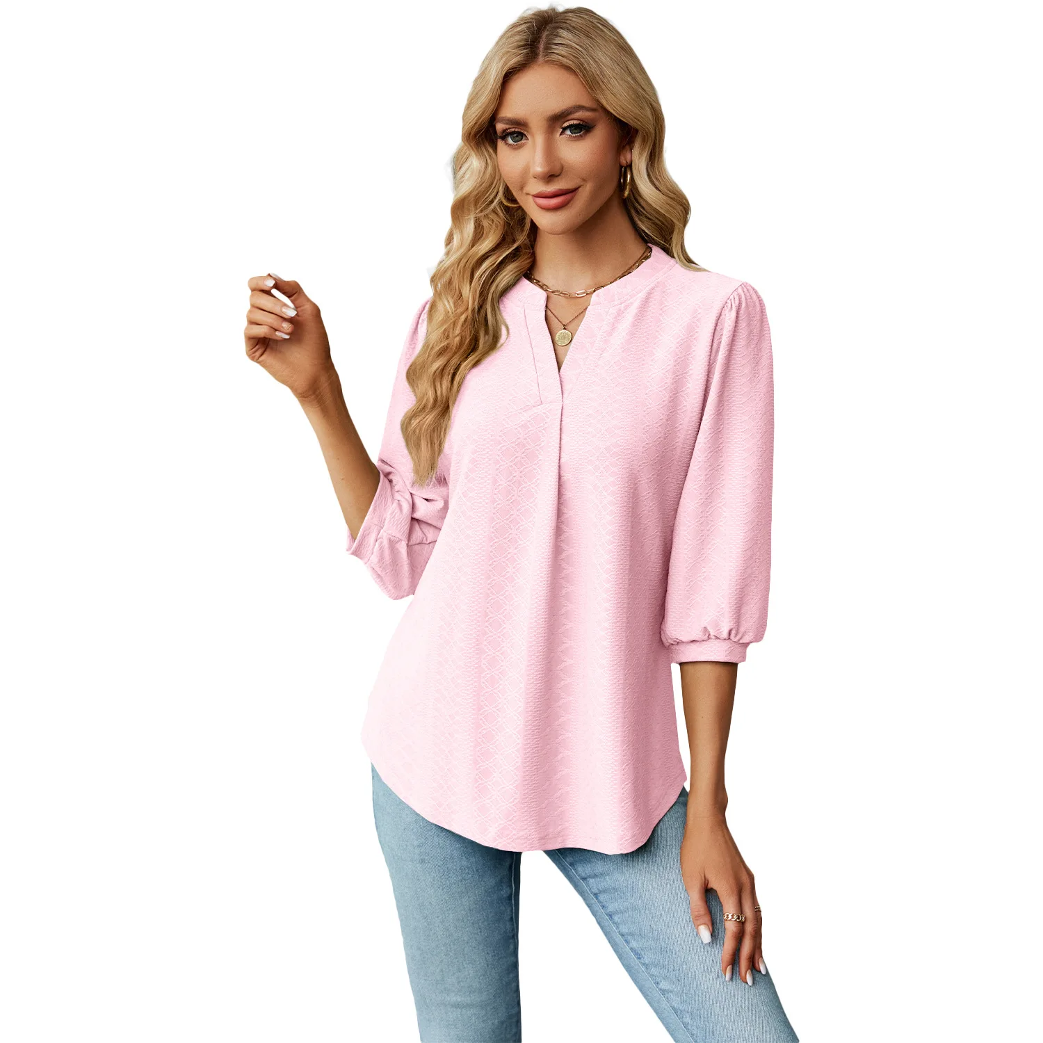 2025 Autumn and Winter New Solid Color V-neck Jacquard Seven-quarter Sleeve Loose T-shirt Top Europe and America