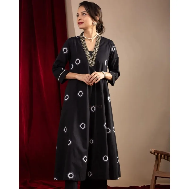 

Black Colour Cotton Fabric Printed Work Straight Kurti Pant Partywear Dress Set