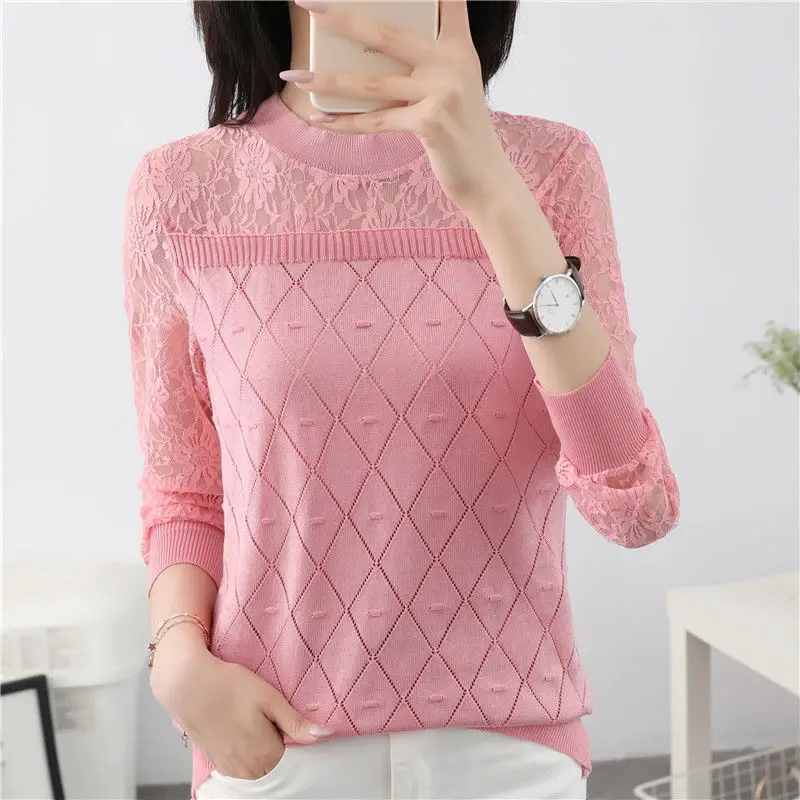 2022 Spring Summer Thin Long Sleeve Argyle Pattern Knitted Jumpers Women\'s Fashion All-match O-Neck Lace Spliced Solid Sweaters