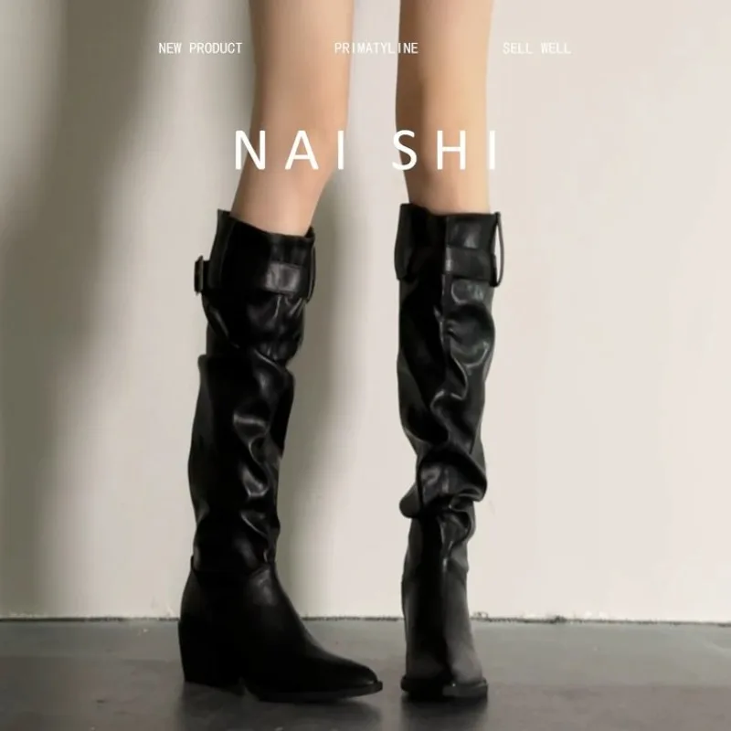 Retro Knight Boots - Women's Ruffled Thick-Topped Pointed High Heels Boots
