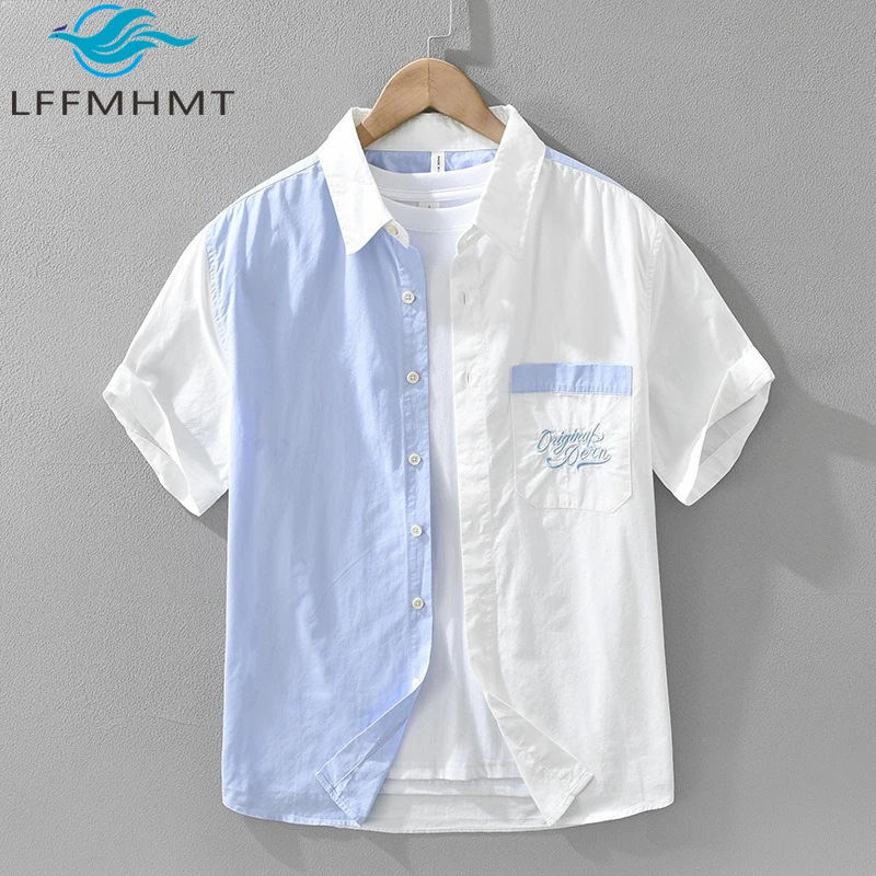 

8123 100% Cotton Japan Style Embroidery Patchwork Short Sleeve Men's Shirt Summer Fashion Good Quality Slim Casual Blouses