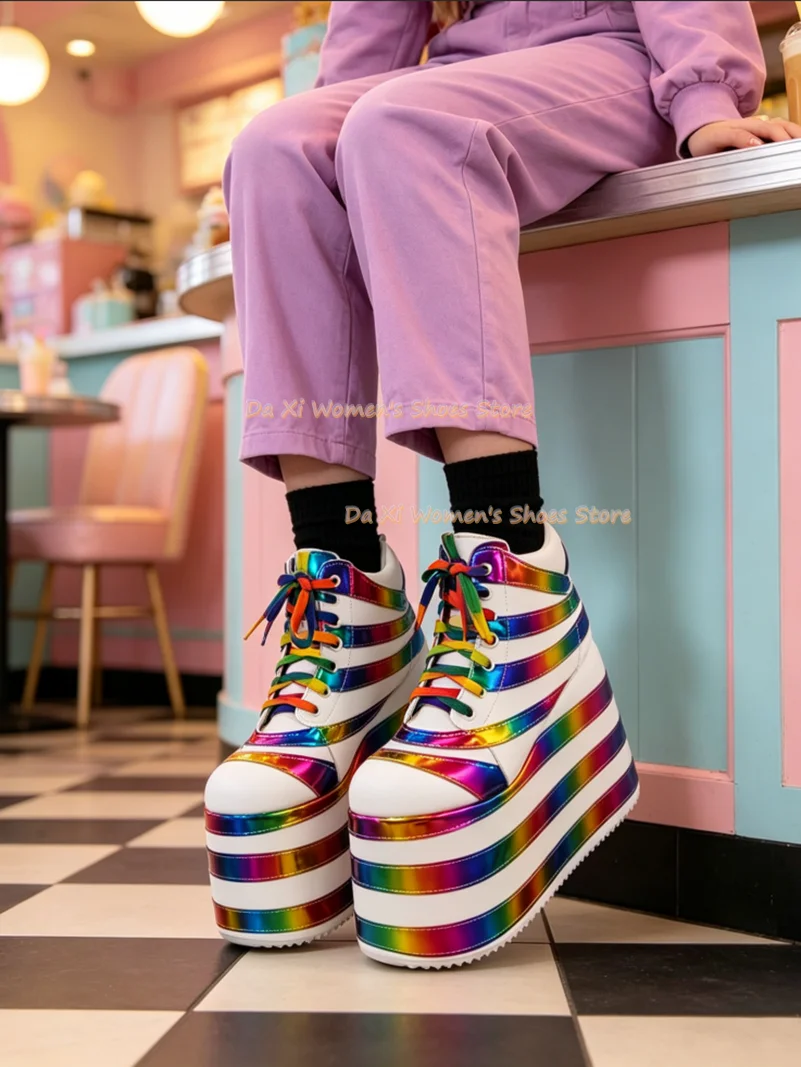 White Rainbow Holographic Platform Sneakers Super High Layered Chunky Sole High Top Lace‑Up Shoes Rave Festival Cosplay Party
