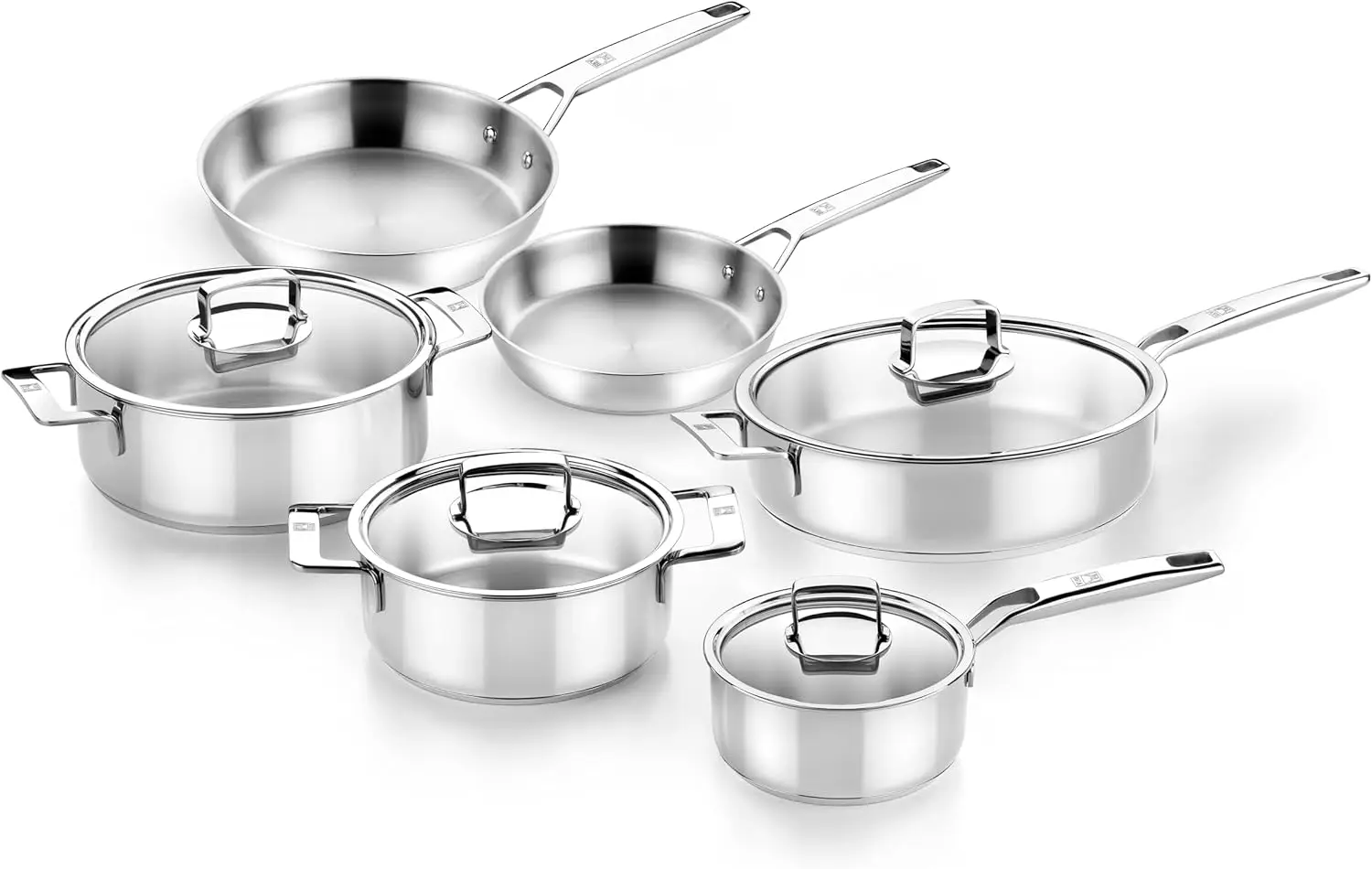 

COOKWARE Набор посуды из 10 предметов | Профессиональный набор кухонных принадлежностей из нержавеющей стали | 2 кастрюли, 1 сковорода соте, 2 сковороды, 1 кастрюля,