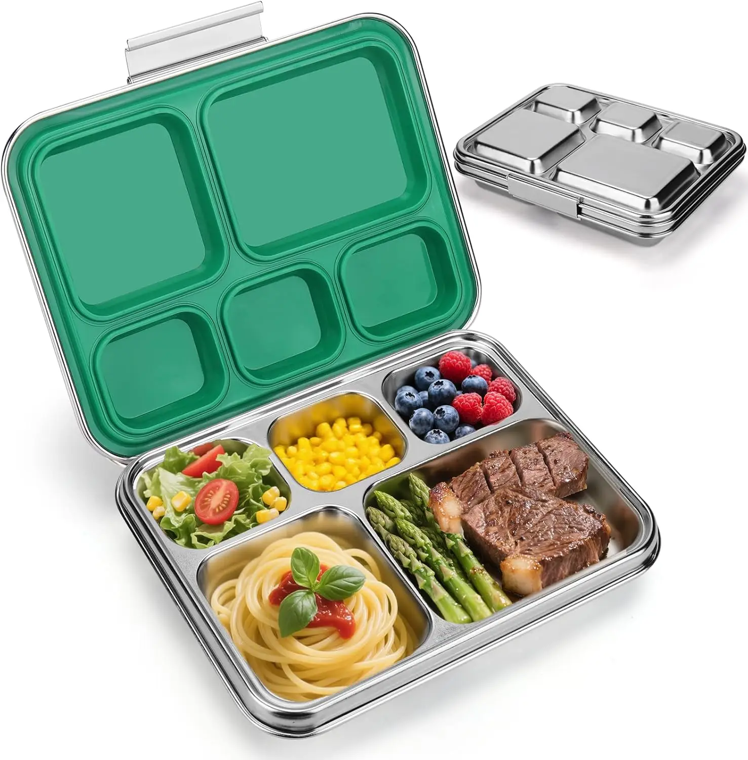 

Stainless Steel Lunch Bento Box with 5 Compartments, Leak-Proof for Kids and Adults, Green