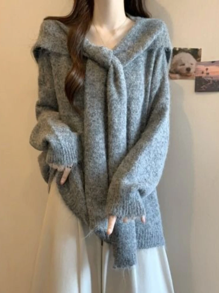 

2000s Korean Fashion Loose Fake Two Piece Autumn Sweaters Y2k Pure Color Subculture Casual Long Sleeve Pullovers Sweaters Chic