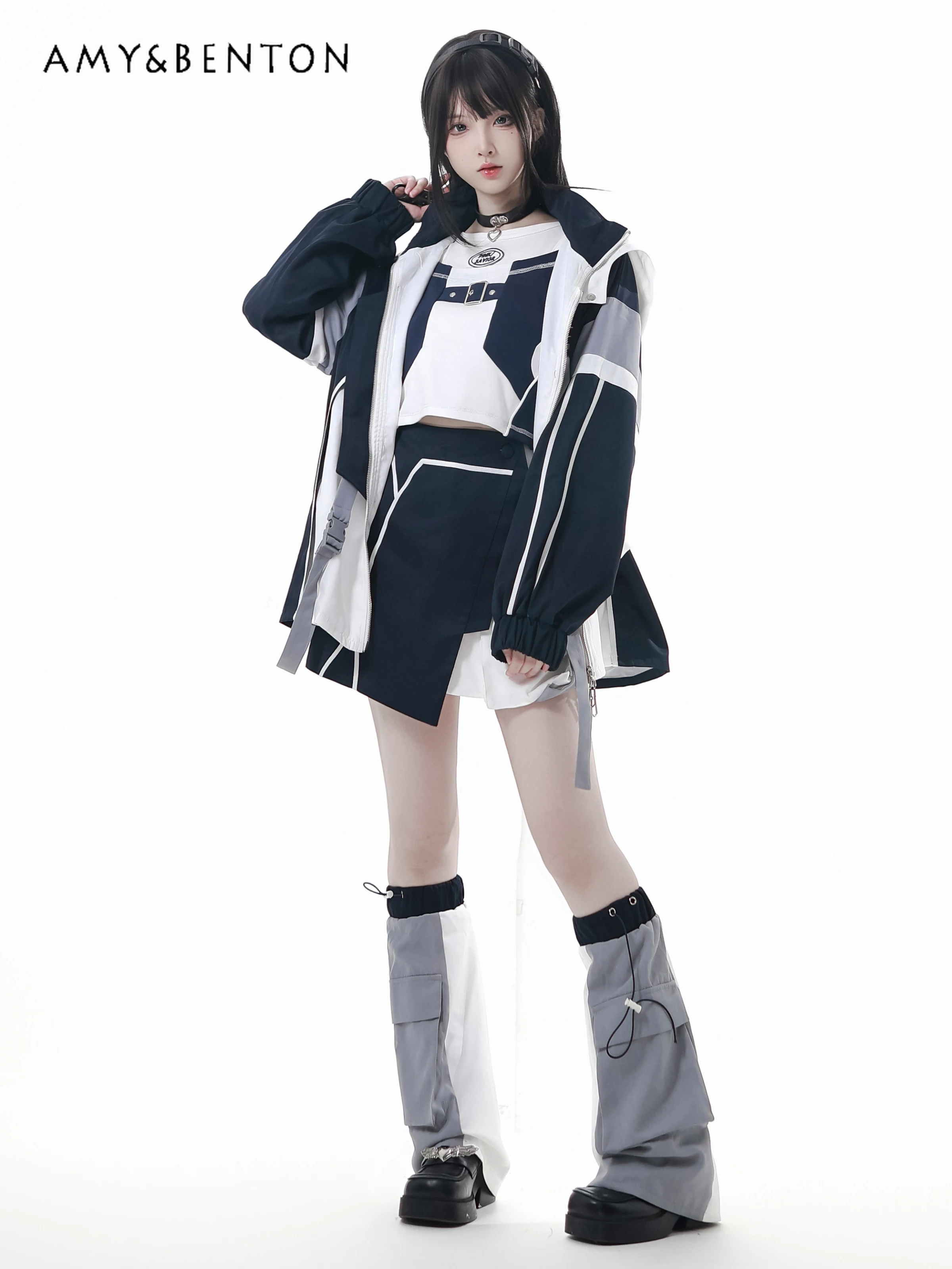 

Harajuku Style Mechanical Sweet Cool Girl Letter Embroidery Blue and White Patchwork Oversized Jacket Skirt Subculture Outfits