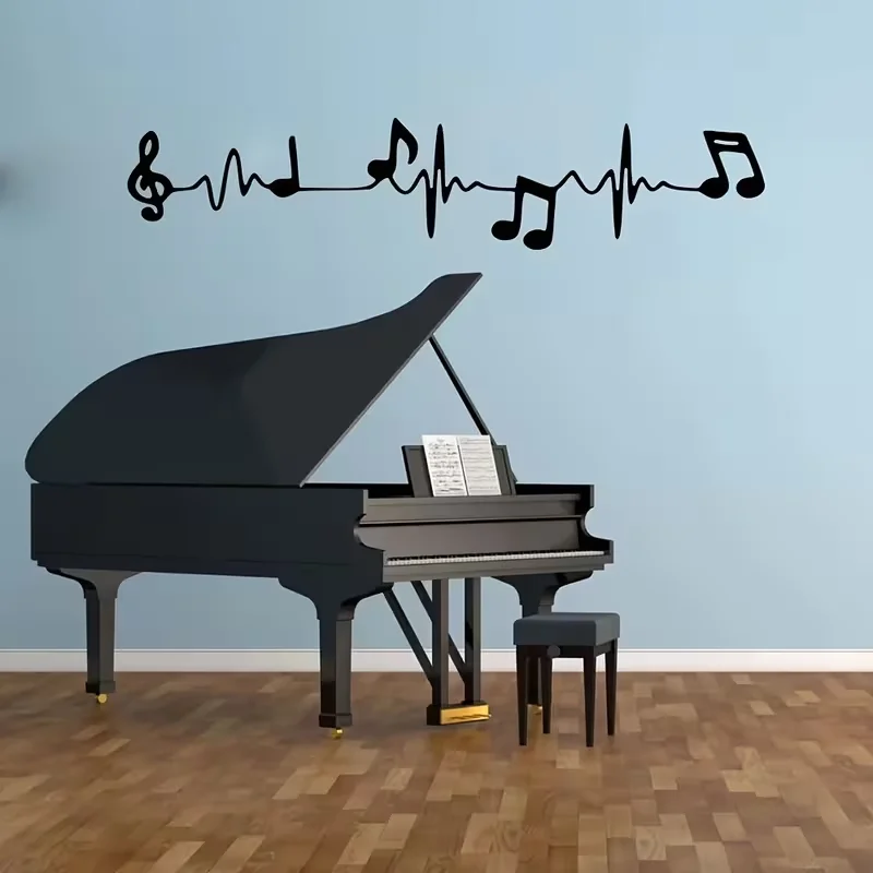 1pc Contemporary Music Piano Notes Wall Decal, Pre-pasted Plastic Electrocardiogram Graphic, Semi-matte Finish, Rectangle Shape
