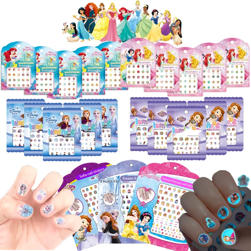 1PCS Disney Princess Luminous Nail Stickers Frozen Princess Sofia Bell Snow White Minnie Micky Mouse Ear Stickers Gift For Girls