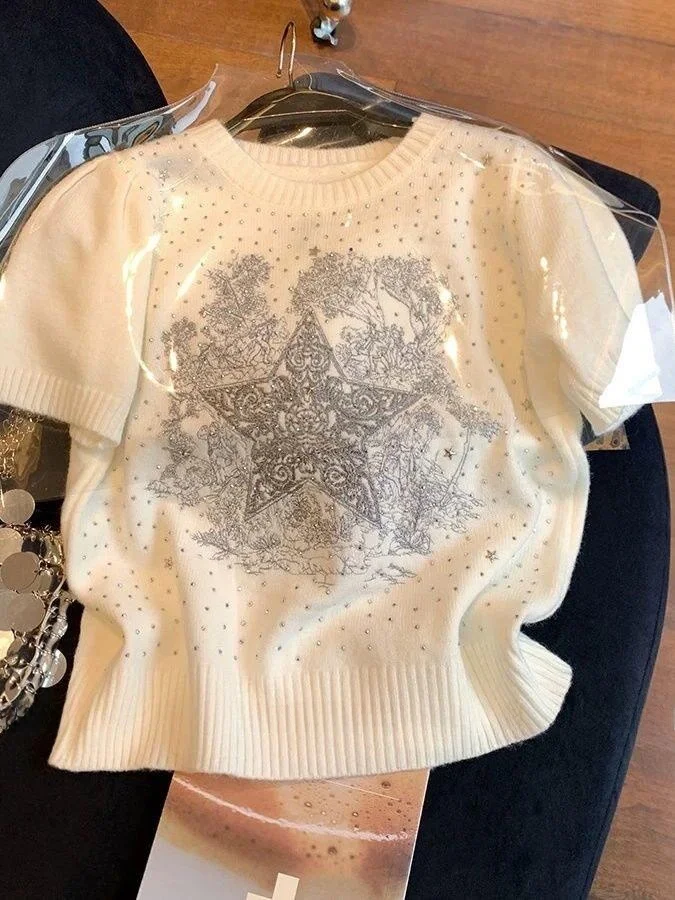 

Fashionable Star Embroidered Short Sleeve Knitted Top Women's round Neck Heavy Embroidery T-Shirt Spring Summer New Style
