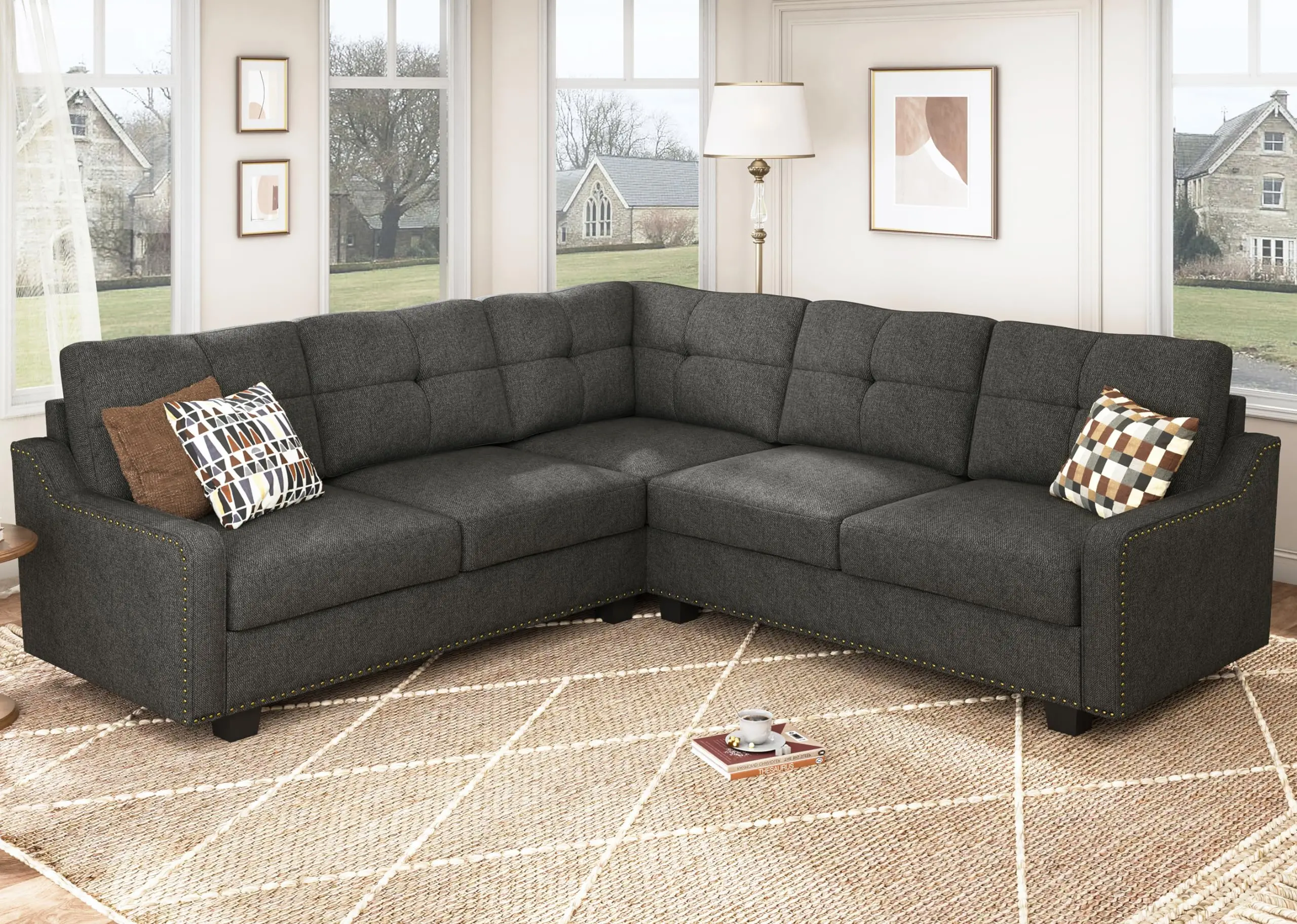 Convertible Sectional Sofa L Shaped Couch for Small Apartment Reversible Sectional Couches for Living Room Dark Grey