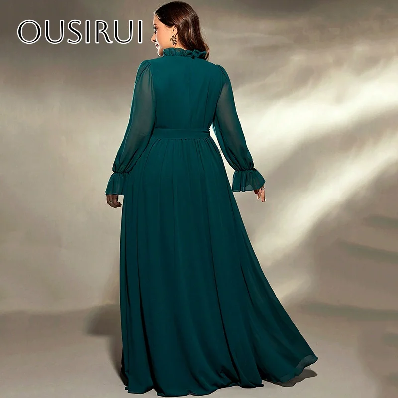 Chiffon V-ausschnitt A-linie Prom Kleider Bodenlangen Schärpe Lange Ärmel Abendkleid Angepasst vestidos de fiesta elegantes