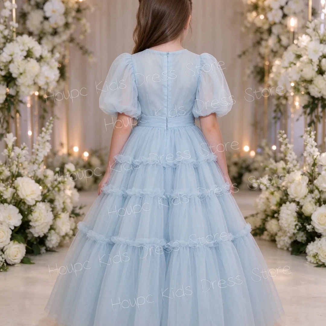 Princess Girl Ice Blue Sheer Flower Girl Dress Puffy Sleeves Layered Cake Dress High-Waist Full-Length Gown Formal Pageant Dr