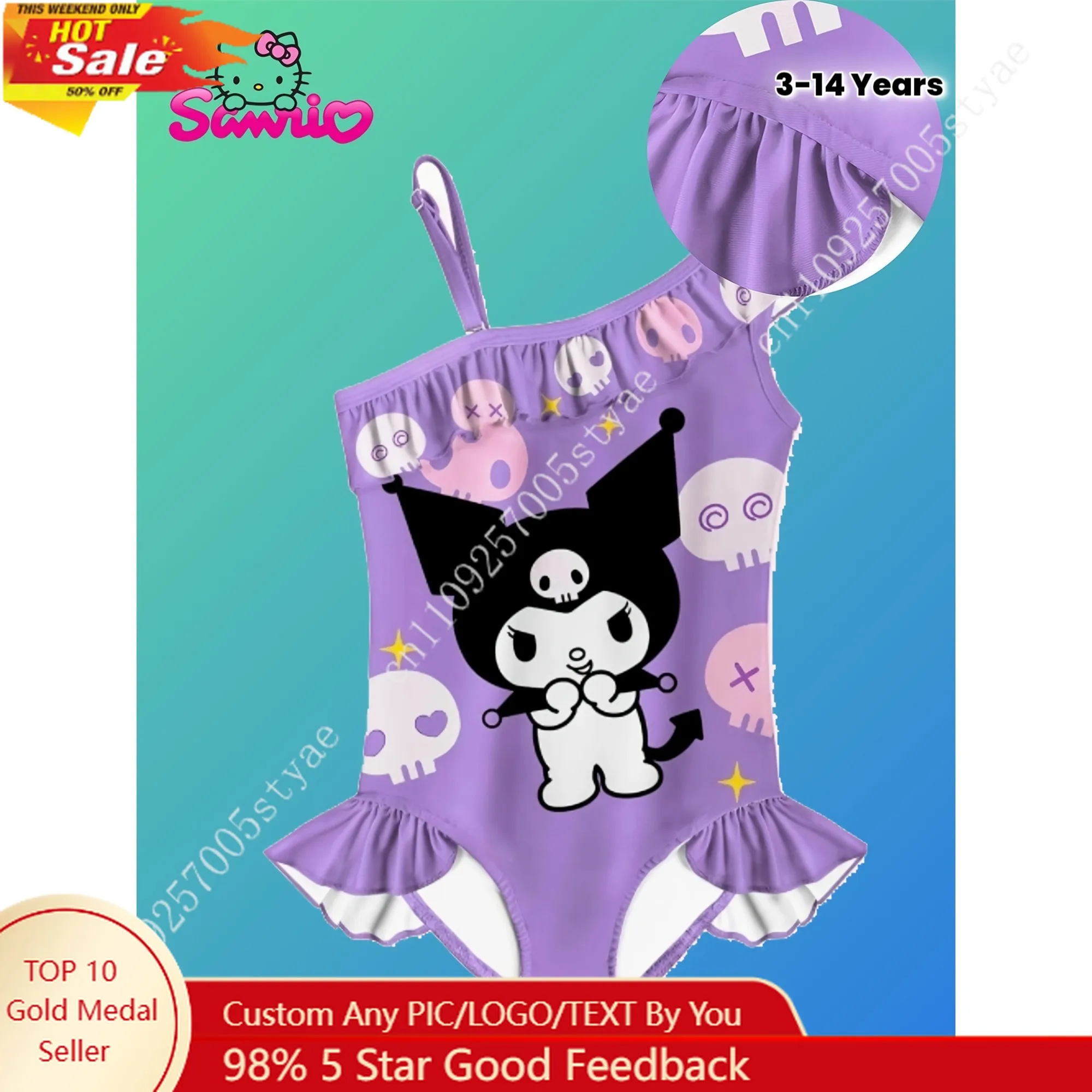 

Sanrio Hello Kitty Kurumi One-Piece Swimsuit for Girls Artificial Jade Dogwood My Melody Girl's Cartoon Print Fashion Swimwear