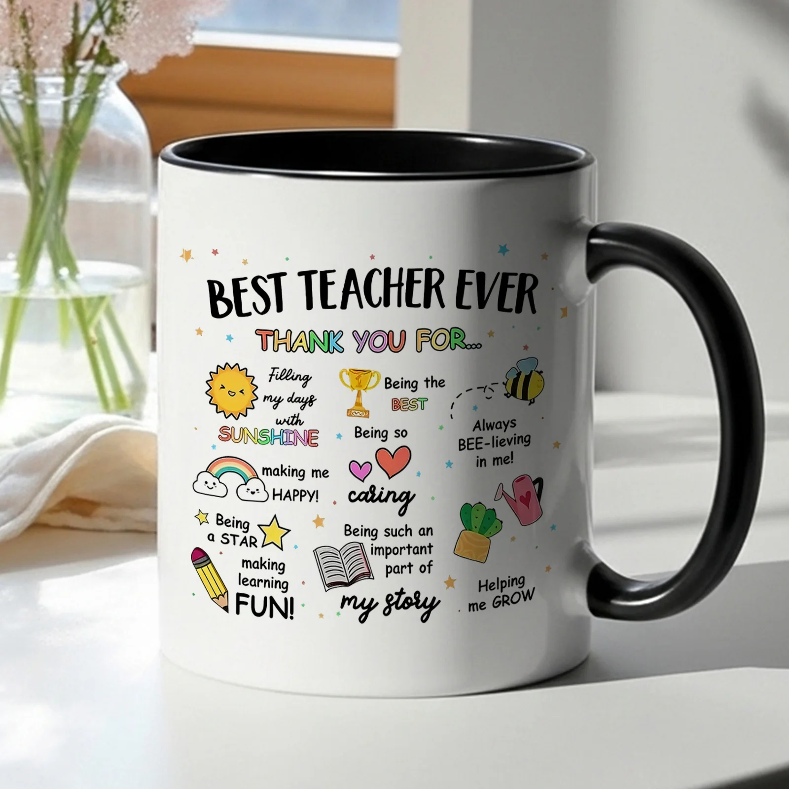 1pc Best Teacher Ever Thank You Coffee Mug- Teacher Appreciation Cup With Colorful Quotes& Rim Suitable For Teacher Gifts
