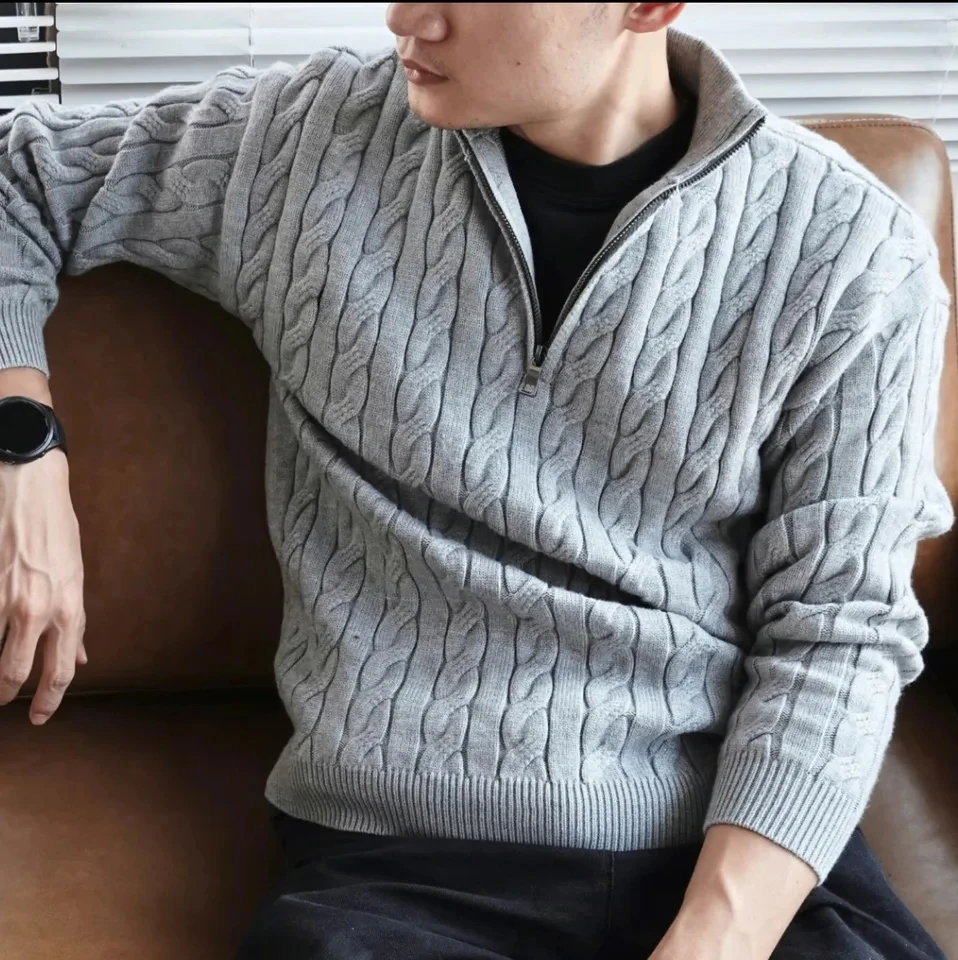 

2025 New Men Gray Stand Collar Half Zipper Sweater Autumn Winter Warm Top Fashion Versatile Trendy Base Layer Shirt