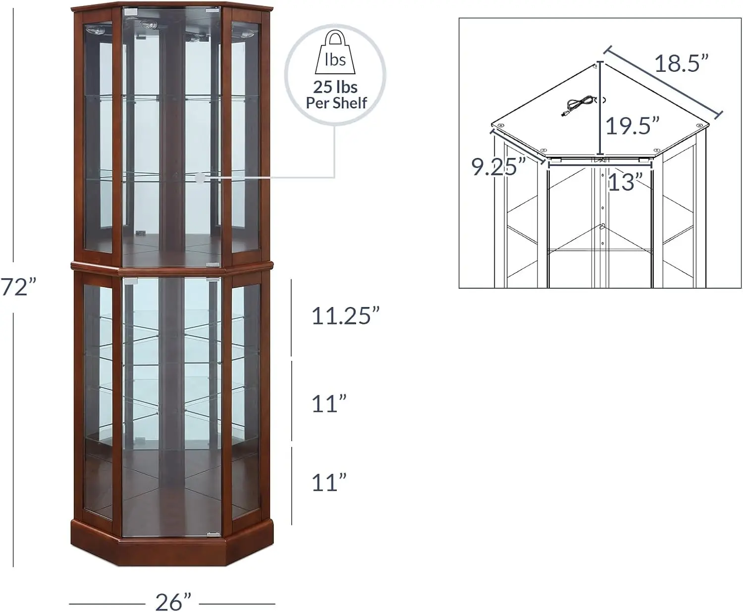 Lighted Corner Display Curio Cabinet Wooden Curved Shelving Unit with Tempered Glass Door, Bar and Liquor Storage Area