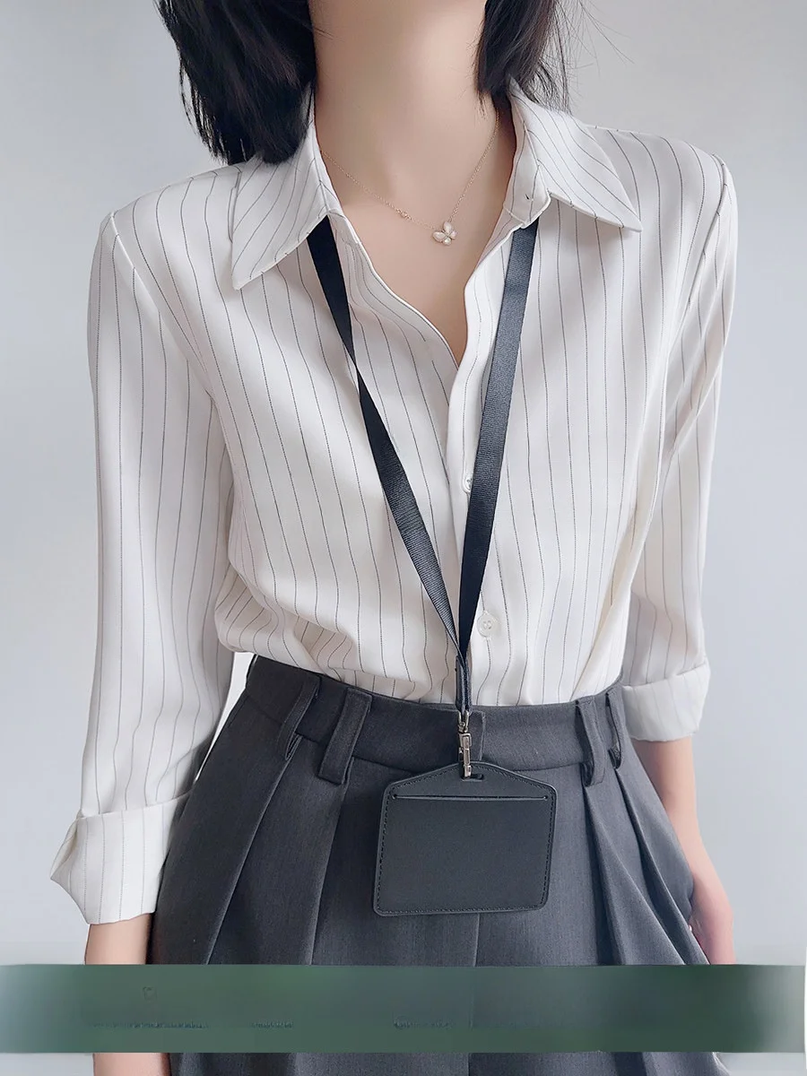 

Ele White Striped Satin irt for Women XALI Faionable High-End Sle Ideal for Job Interviews And Commuting