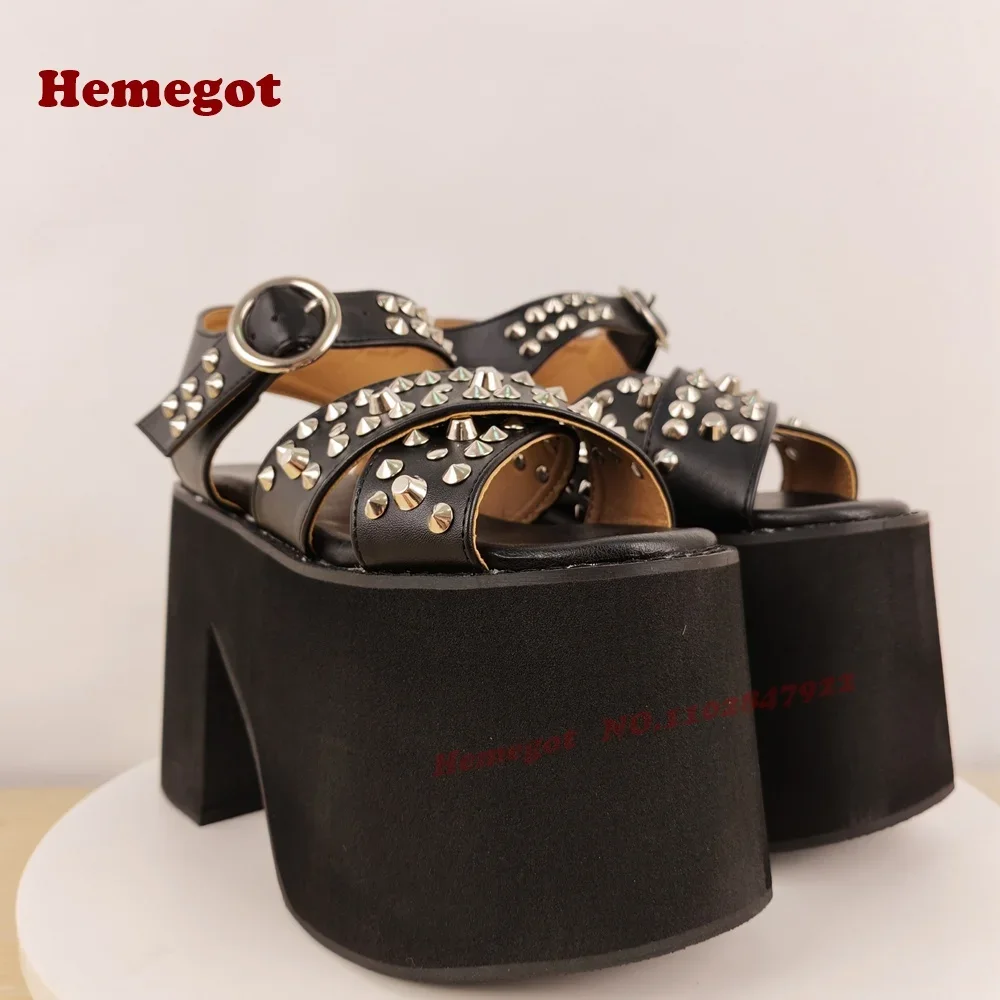 Black Platform Chunky Heels Slingback Women's Sandals Full-Rivet Straps Buckled Sandals Dark Gothic Luxury Shoes Studded Street