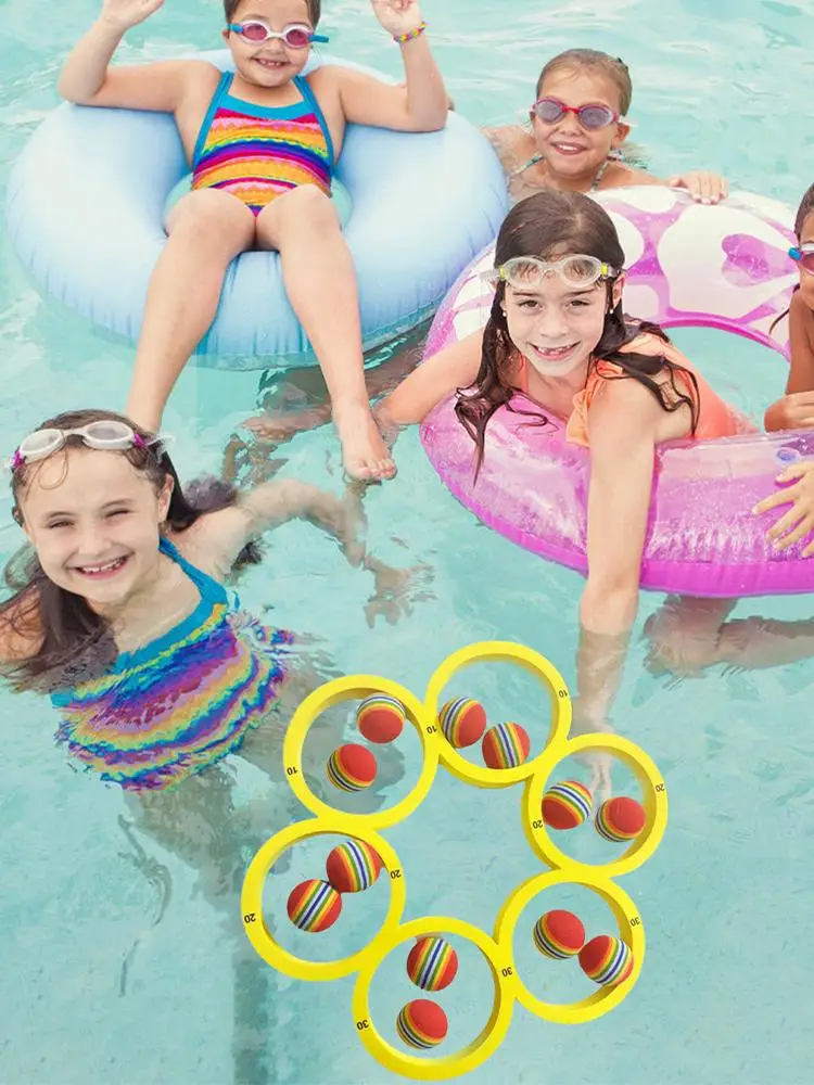 

1set Fun Splash Water Sports Floating Pool Game Toy with 12 Rainbow Balls Throwing Game EVA Tossing Ring