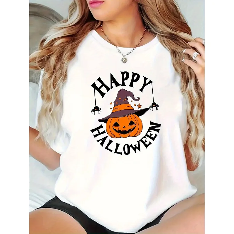 Happy Halloween Witch Hat Pumpkin Spider Printed Short Sleeved T-shirt for Women Round Neck Halloween Holiday Casual Top