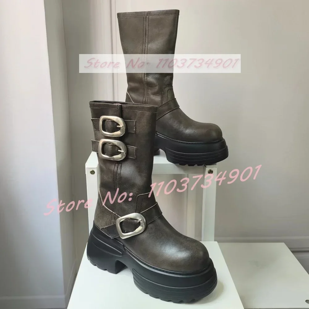 

Belt Buckle Platform Mid Calf Boots Ladies Genuine Leather Antiskid Round Toe Block High Heels Shoes Female Party Trendy Boots