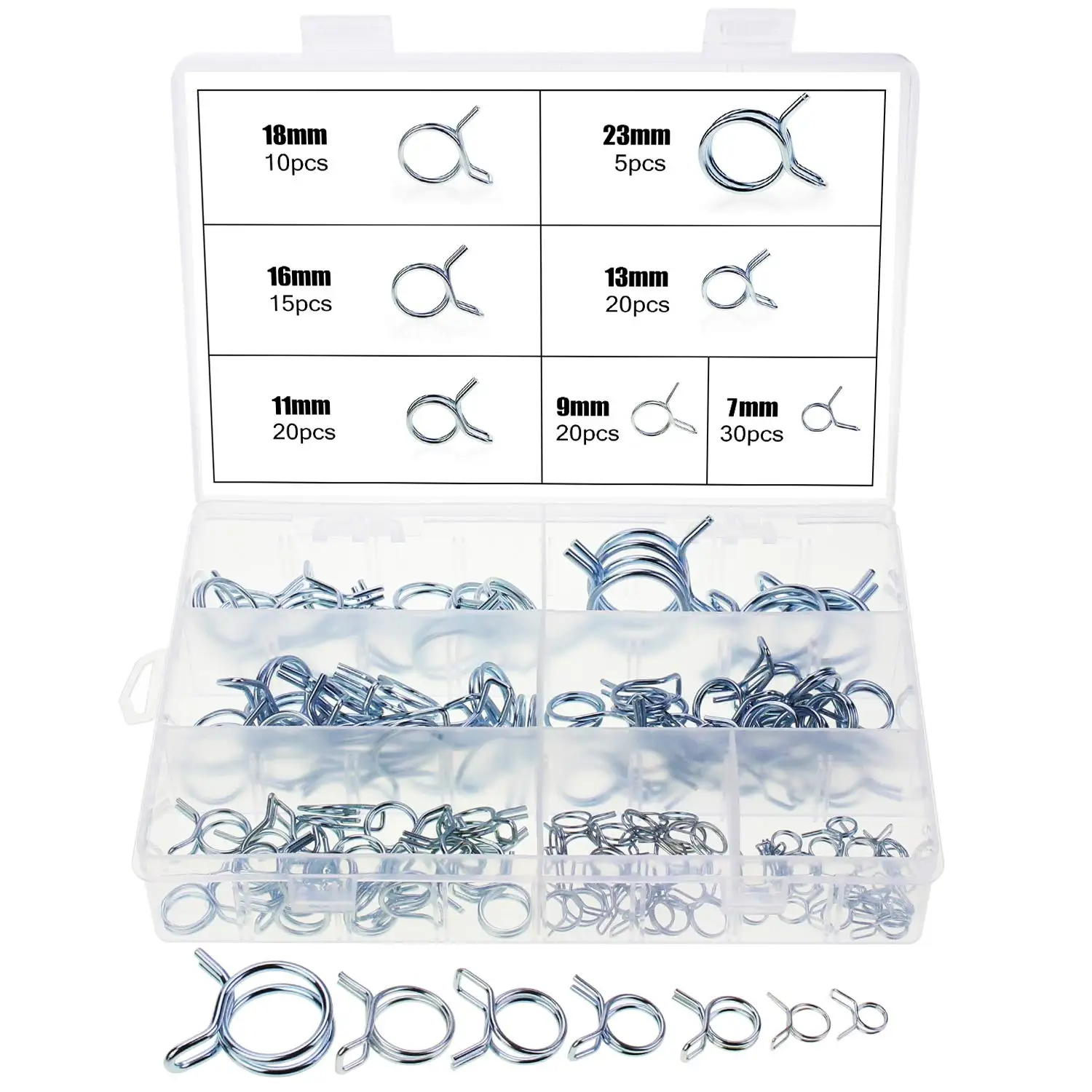 6.7-23mm Double Wire Hose Clamp 7 Values 120Pcs Zinc Plated Steel Fuel Line Hose Tube Spring Clips Clamp Assortment Kit