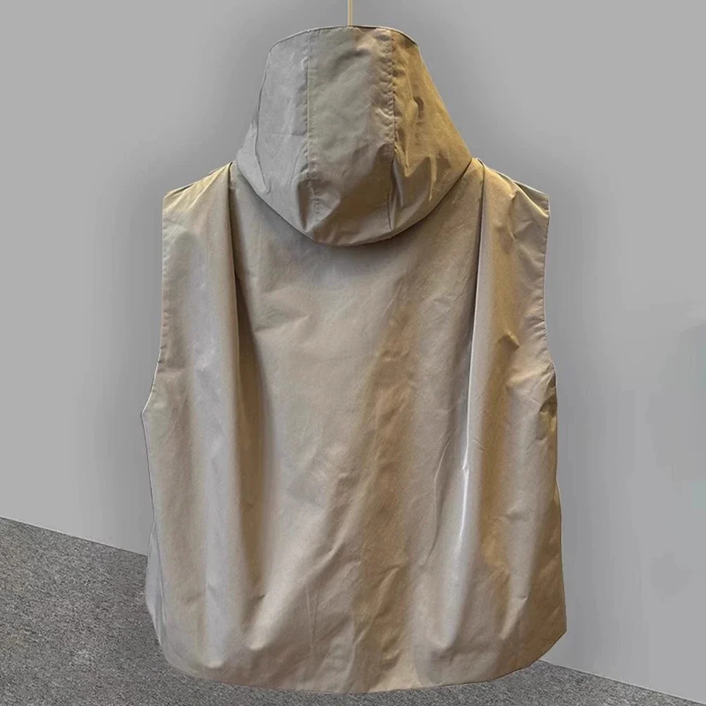 سترة رجالي فضفاضة بغطاء للرأس بتصميم جيب سادة بدون أكمام