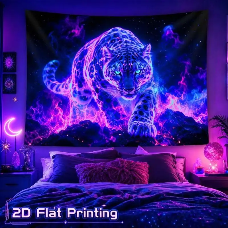 VIKAMA Galaxy Snow Leopard Tapestry Neon Cosmic Flame Polyester Wall Hanging Aesthetic Bedroom Dorm Living Room Home Decor