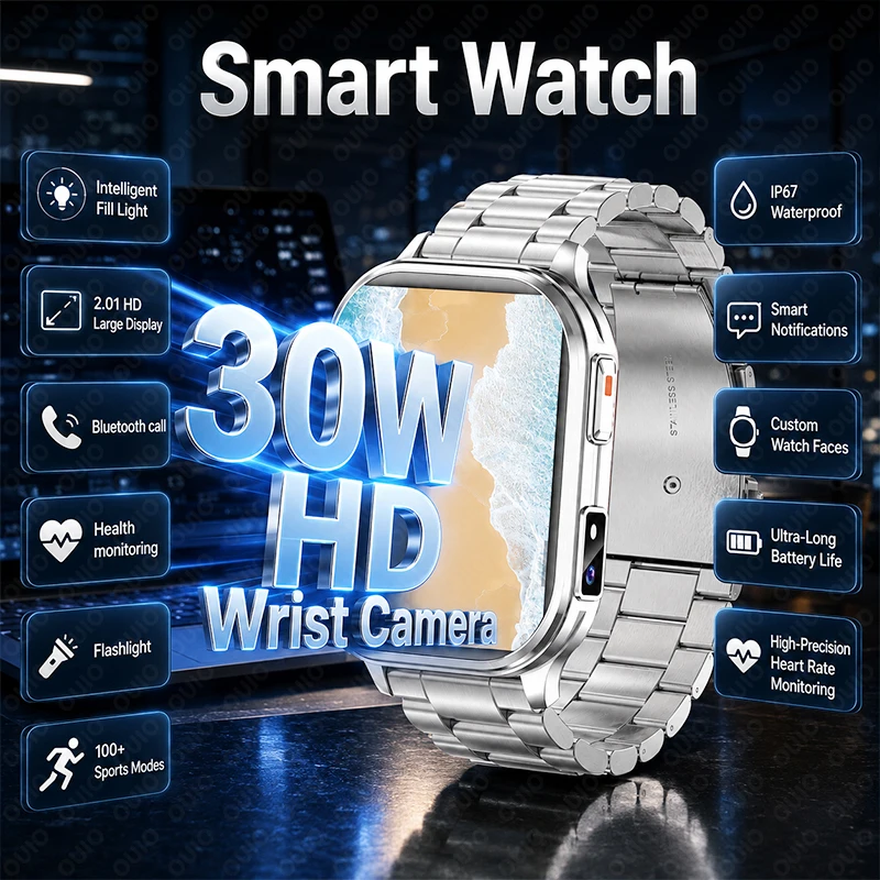 2026 100+ Sports Modes Smart Watch Health Monitoring Bluetooth Call Flashlight 30W HD Wrist Camera IP67 Waterproof Smart Watch